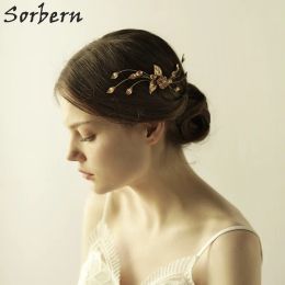 Headpieces Sorbern Classic Wedding Headpiece Gold Leaves Beads Handmade Pearls and Crystal Wedding Bridal Hair Comb Bridal Hair Accessories H