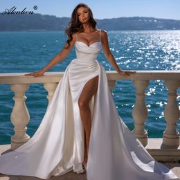 Luxurious Satin Ruched Sweetheart Mermaid Wedding Dress With spaghetti straps Front Split 2 In 1 Trumpet Bridal Gowns 2024