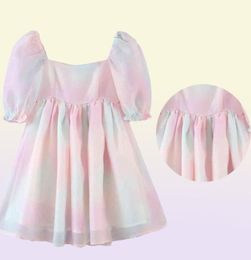 Tiedyed Rainbow Organza Dress Aline Puff Sleeve Cute Summer for Women Skater Short Party Holiday 2104273620768
