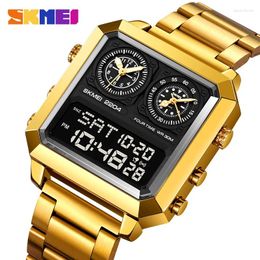 Wristwatches SKMEI Square Mirror Mary Gold Stainless Steel Strap Authentic Men's Electronic Watch 4 Time Timer Alarm Clock EL Luminous 2204