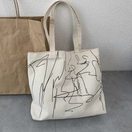 Bags Foldable Simple Shoulder Bag Reusable Canvas Eco Shopping Bags Large Capacity Tote Bag for Women Line Design Fashion Handbag