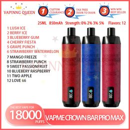 VAPME CROWN BAR PRO MAX 18000 Puff Disposable E Cigarettes 0% 2% 3% 5% 850mAh Battery Rechargeable Electronic Cigs Puffs 18K