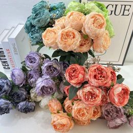 Decorative Flowers Simulation Silk Burnt Edge Peony Bouquet European Artificial Champagne Peonies Fake Flower Holiday Party Decoration