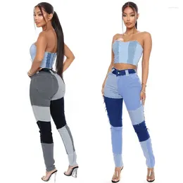 Women's Jeans Fashion Women Patchwork Denim Pants Retro Sexy Ripped Pencil Panelled Trousers Street Skinny High Waist Lady Jean