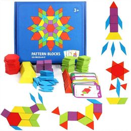 3D Puzzles 155 Pcs Wooden Pattern Blocks Set Geometric Shape Puzzle Kindergarten Classic Educational Montessori Tangram Toys for Kids 240419