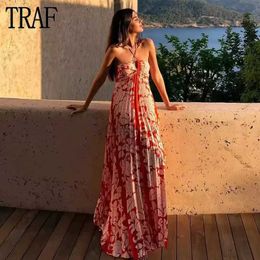 Basic Casual Dresses TRAF 2023 Pleated Slip Dress Woman Off Shoulder Long Dresses for Women Sexy Backless Maxi Dress Women Print Beach Summer Dresses 240419