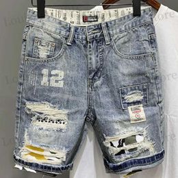 Men's Shorts Male Denim Shorts Graphic with Text Half Long Mens Short Jeans Pants Multi Color Ripped Kn Length Retro Vintage Baggy Y2k Cut T240419