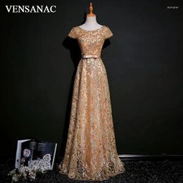 Party Dresses VENSANAC 2024 O Neck Sequined A Line Lace Long Evening Short Sleeve Bow Sash Backless Prom Gowns