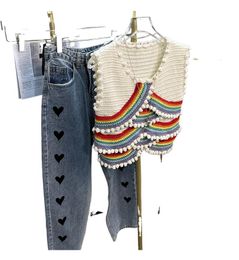 Women patched knitted crochet rainbow sleeveless frill color crop top desinger tanks camis SMLXL