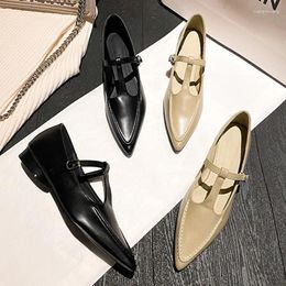 Casual Shoes 2024 Woman Fashion Pointed Toe Buckle T Strap Retro Kawaii Solid Flats Female Low Heels Shallow Mouth Mary Jane