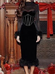 Casual Dresses Black Long Women Sexy Sheer Evening Dress Female Elegant Sleeve Feather Ladies Bodycon Party Club Vestidos