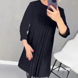 Casual Dresses Women Knee Length Dress Elegant See-through Mesh Long Sleeve Midi For Soft Pleated Pullover O Neck Solid