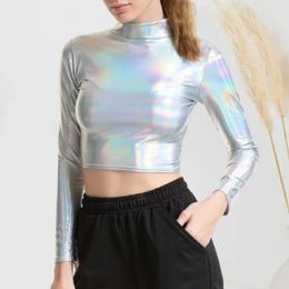 Women's Blouses Women Club Top Half-high Collar Glossy Surface Waist-exposed Lady Crop Solid Color Pullover Pole Dance Performance Party
