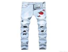 Floral Rose Embroidery Jeans Hommes Ripped Holes Design Jeans Mens Hip Hop Slim Blue Black Denim Pant Plus Size5016910