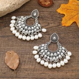 Dangle Earrings Luxury Vintage White Crystal Ladies Antique Silver Color Pearl Tassel Hollow Geometric Jewelry