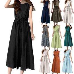 Casual Dresses Vintage A Line Short Sleeves Loose O Neck Summer Cotton Linen Drawstring High Waisted Retro Dress Size 16 Evening Gown