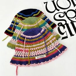 Korean Retro Stripe Handmade Crochet Bucket Hats Autumn and Winter Y2k Fishermans Cap Women Tassel Coloured Wool Hats 240417
