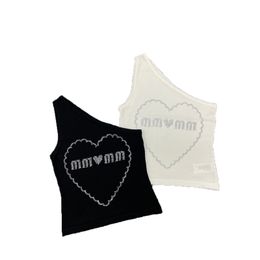 Designer Rhinestone Logo Knitted Camisole Women Stylish One Shoulder Knitted Vest Women Knits Tee Short Style Slim Fit Knit Tops