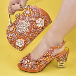 Boots Doershow Italian Orange Shoes and Bag Sets for Evening Party with Stones Italian Leather Handbags Match Bags Huk132