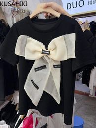Women's T Shirts KUSAHIKI 2024 Korean Style Chic Retro Niche Design Bow Knot Mesh T-shirt Summer Causal Round Neck Graphic