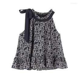 Women's Tanks Bow Tie Collar Strap Top Summer Loose Sleeveless Vest Pure Floral Short Jacket