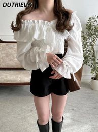 Women's Blouses Summer 2024 Japanese Style Sweet Lace Tops For Women V-neck Lace-up Blouse Bell Long Sleeve Solid Colour Girls Shirt