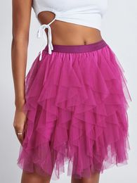 Women Tulle Tutu Skirt Solid Color Elastic Midi Waist Layered Mesh Fairy A-Line Skirts for Beach Party Streetwear Fairycore Y2K 240419