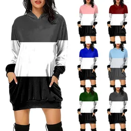 Casual Dresses Sweatshirt Winter Hooded Autumn Long Pocket Big Loose Sleeved Patchwork Colour Block Womens