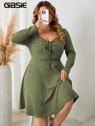 GIBSIE Plus Size Sweettheart Neck Knot Front A-Line Dress Women Fall Vintage Long Sleeve Ribbed Knit Casual Winter Dresses 240407
