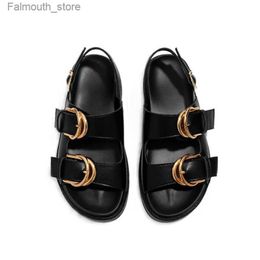 Sandals Retro Fashion Design Slide Womens 2024 Summer Black Soft Leather PU Metal Buckle Flat Sandals Light Anti slip Beach Shoes Q240419