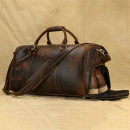 Bags Vintage Leather Travel Bag Men Big Capacity travel hand luggage for male weekendd tote bage family travel bag luuage shoe bag