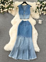 Work Dresses Frenchic Vintage Denim 2 Piece Sets Womens Outifits Gradient V-neck Tank Tops High Waist Slit Trumpet Female Skirt Dropship