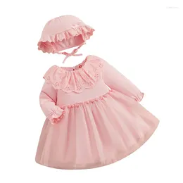 Girl Dresses Toddler Baby Girls Baptism Dress Lace Doll Collar Bobbles Tulle Hem Long Sleeve Princess With Hat