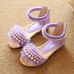 Sandals Summer Girls Sandals Fashion Pearls Girls Princess Shoes Baby Girl Shoes Flat Heel Sandals Kids Outdoor Beach Sandal Size 21-30 240419