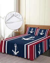 Bed Skirt Vertical Blue Red Stripe White Anchor Elastic Fitted Bedspread With Pillowcases Mattress Cover Bedding Set Sheet