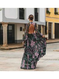 Basic Casual Dresses Sexy Backless Bohemian Print Dress Maxi Dress Womens Travel Holiday Backless Floor-length Dress Daisy-print Beach Party Dress 240419