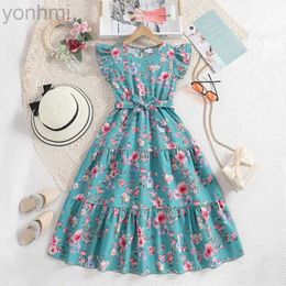 Girl's Dresses 8-12Ys Printed Long Dress Belt Summer Retro Floral Elegant Princess Girl Dress Loose Comfortable Pastoral Style Dress d240419