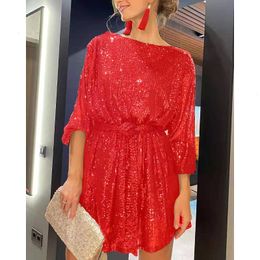 Womens Loose Casual Sequined Embroidered Dress Solid Colour Lace Up Slimming Short Skirt
