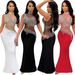 Casual Dresses Rhinestone Sheer Luxury Party Dress Women Sexy Club Patchwork Long Robe 2024 Summer Birthday Prom Female Evening Elegant