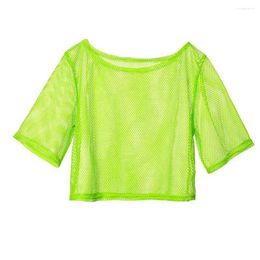 Women's Blouses 80s Mesh Shirt Vest Set Stylish Top Bright Colour O-neck Short Sleeve Long Clubwear For Leisure