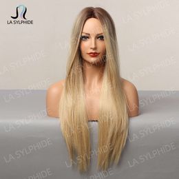 human curly wigs Wig female wigs golden gradient middle point bangs long straight hair chemical Fibre