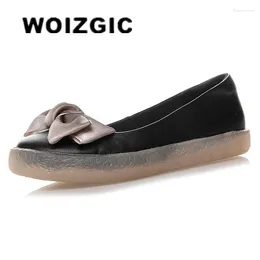 Casual Shoes WOIZGIC Women Mother Ladies Female Genuine Leather Flats Moccasins Loafers Bowknot Slip On Retro Plus Size 43 JZ-19115