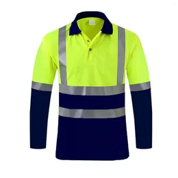 Men's Casual Shirts Safety Reflective Top Long Sleeved Button Male Pullover Workwear Contrast Colour Polo Shirt For Working Clothing