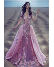 Designer Pink With Detachable Train Mermaid Prom Dresses Scoop Neck Long Sleeve Appliques Tulle Evening Party Gown Illusion Bottom4459873