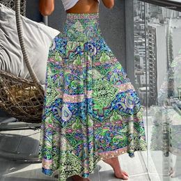 Skirts 2024 Vintage Floral Print Pleated Skirt Women Bohemian Loose Beach Casual High Street Elastic Waist Long