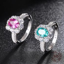 Cluster Rings 925 Sterling Silver Jewellery 6x8mm Oval Rose Red Zircon Imitation Blue Paraiba Tourmaline Gemstone Ring