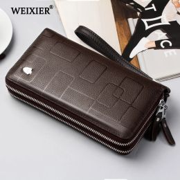 Wallets WEIXIER New Genuine Leather Clutch Cellphone Long Wallet Men's Simple Multifunctional Cow Leather Zipper Money Business bag