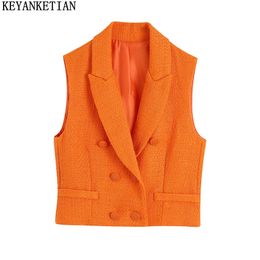 KEYANKETIAN Textured Short Sleeveless Vest Jacket Double Breasted Slim Fit Suit Collar Ladies Orange 240417