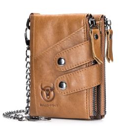 Wallets Quality Genuine Leather men Wallet Brand zipper Man Purse Vintage cow leather Male card Coin Bag with iron chain