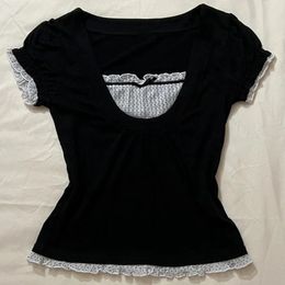 Korean Kawaii Patchwork Women T-shirt Y2K Aesthetic Vintage Milkmaid Top Fairycore Grunge Square Collar Short Sleeve Crop Top 240419